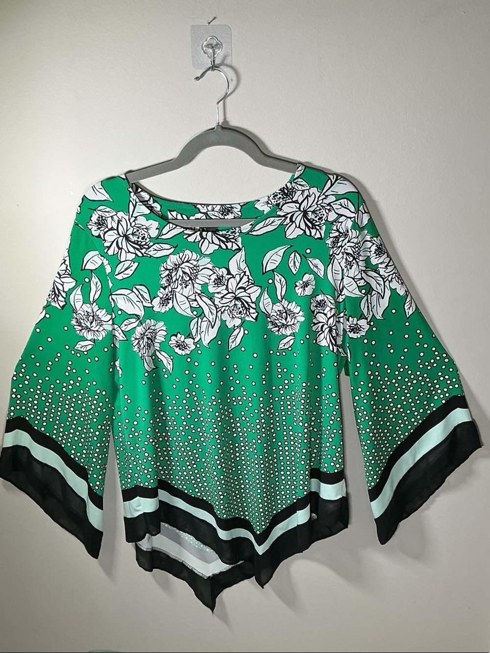 Alfani Green Floral Kimono Sleeve Blouse Poncho Top Size Large